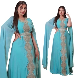 Elegant lake blue pearl chiffon kaftan dress with golden embroidery and long fringe sleeves