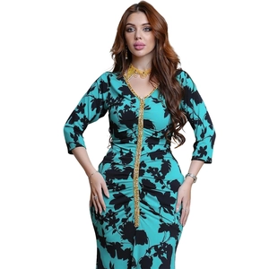 Slim fit kaftan dress with turquoise floral print and gold sequin embroidered trim