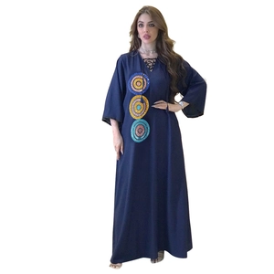 Dark blue V-neck kaftan dress with sequin circles and loose sequin embroidery