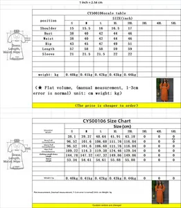 Tableau des tailles détaillé pour robe en mousseline avec mesures en pouces et centimètres