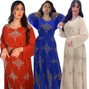 Damen Elegant Ethnisch Chiffon Abaya Kaftan Strass Schneeflocke Maxikleid Mit Gürtel Langarm Muslim Party Abendkleid