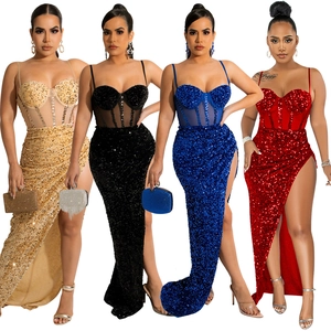 Women Sexy Sequin Evening Dress Spaghetti Strap High Slit Bodycon Floor Length Formal Party Gown Backless Corset Luxury Maxi Dress