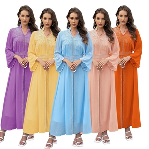 Women Elegant Kaftan Maxi Dress V-Neck Rhinestone Chiffon Abaya Long Bell Sleeve Muslim Party Evening Gown