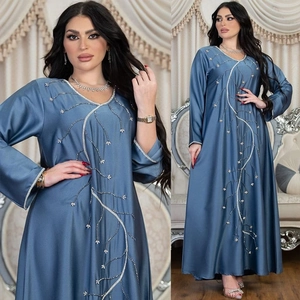 Blue-grey satin long-sleeved Abaya dress featuring elegant rhinestone branch embroidery
