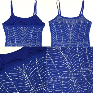 Detail of royal blue camisole with silver rhinestone fan pattern and adjustable straps