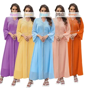 Detail view of fashion kaftan chiffon dresses with gold rhinestones in five colors