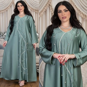 Sage green satin long sleeve maxi abaya dress with silver vine sequin embroidery