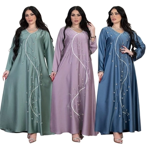 Women's Elegant Rhinestone Satin Abaya Maxi Dress V-Neck Long Sleeve Comfortable Loose Kaftan Ethnic Muslim Robe