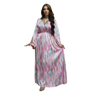 Elegant women's V-neck kaftan maxi dress with colorful leaf print and sequin trim