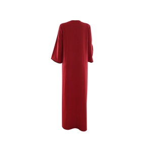 Rear view of deep red V-neck sequined kaftan dress with black piped cuff details