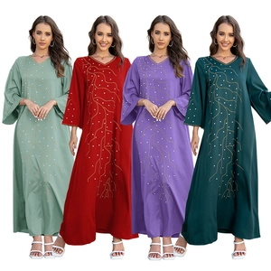 Robe Longue Abaya Caftan Musulman Élégant pour Femmes Strass Col en V Manches Évasées Large Ethnique Fête Robe de Soirée