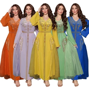 Women Muslim Kaftan Long Dress Mesh Patchwork Rhinestone Beaded Floral Embroidery V-Neck Long Sleeve Party Evening Gown