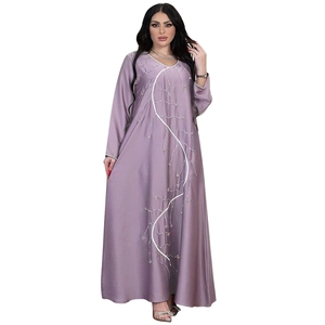 Lavender loose maxi abaya dress with silver vine embroidery and sparkling rhinestone details