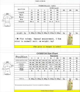 Size chart showing metric and imperial measurements for the embroidered kaftan dress