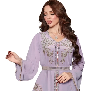 Detail of lavender Kaftan dress with gold embroidery sequins and diamond belt