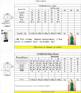 Detailed size chart for ethnic gold print dress in inches and centimeters from S to 5XL