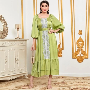 Women's Elegant Satin Green Kaftan Maxi Dress Silver Floral Embroidery Puff Sleeve Ruffled Hem Party Long Gown