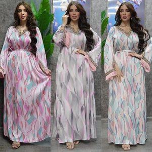 Women Muslim Kaftan Maxi Dress Satin Wavy Print Long Sleeve V-Neck Rhinestone Tassel Abaya Party Evening Dress With Belt