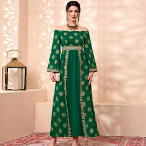 Women Ethnic Off-The-Shoulder Maxi Dress Gold Foil Leaf Print Elegant Lace Trim Party Gown Long Sleeve Polyester Dress