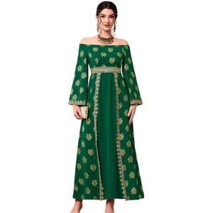 Ethnic green off-shoulder maxi dress with gold floral print and lace trim decoration
