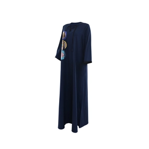 Detailed V-neck with tie string and colorful sequin embroidery on navy loose kaftan dress
