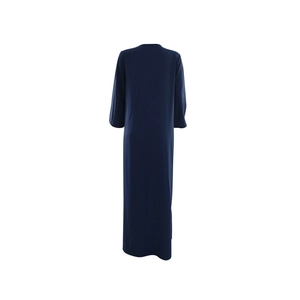 Back view of a navy blue sequin embroidered V-neck loose casual maxi dress in soft fabric