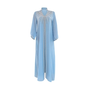 Light blue chiffon kaftan dress featuring gold sequin embroidery and flowing long sleeves