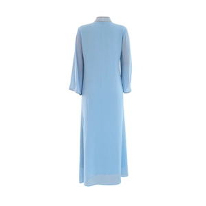 Detail view of the back of a light blue chiffon kaftan dress with decorative collar