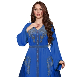 Royal blue Kaftan dress with golden bead embroidery and wide flared sleeves on white background