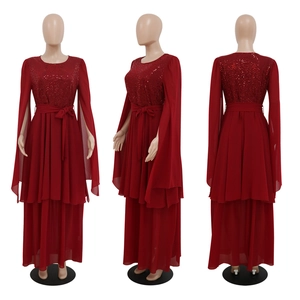 Detailed views of a dark red sequin evening gown featuring elegant cape sleeves and a waist belt