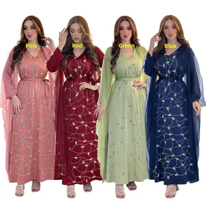 Mesh V-neck maxi dress with sequins and cardigan set in pink, red, green, and blue colors