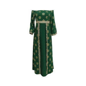 Ethnic style dark green maxi dress with gold leaf patterns and off-shoulder neckline