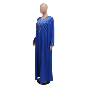 Detailed embroidery with silver sequins on blue V-neck trumpet sleeve Abaya dress