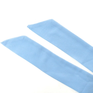 Detailed close-up of a light blue chiffon waist belt with slanted cut ends and fine texture
