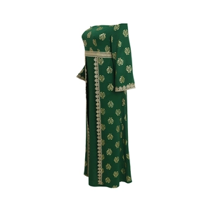 Ethnic dark green maxi dress with gold leaf patterns and elegant lace trimmings