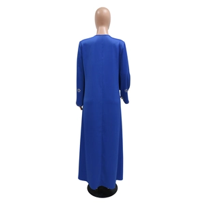 Rear view of cobalt blue satin kaftan dress featuring rhinestone floral sleeve details