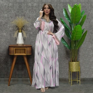 Women's long-sleeve printed robe with beaded neckline and pink fringe details