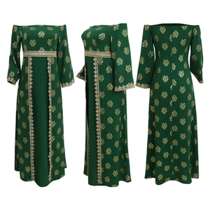 Deep green long sleeve maxi dress with gold prints and lace trim, three-side view