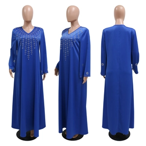 Three-view display of navy blue V-neck Abaya dress with golden sequin embroidery details