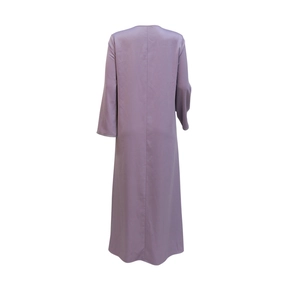 Detailed back view of a lavender purple satin long sleeve abaya dress with silk texture