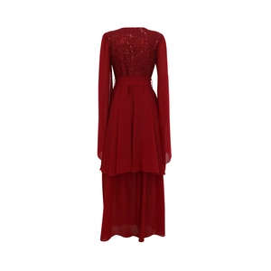 Rear view of burgundy sequined evening gown with flowing chiffon skirt and matching belt