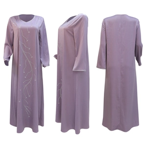 Detailed views of light purple loose abaya dress with silver rhinestone branch patterns