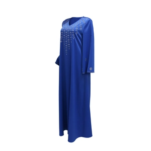 Detailed view of blue V-neck Abaya with sparkling rhinestone patterns on chest and sleeves