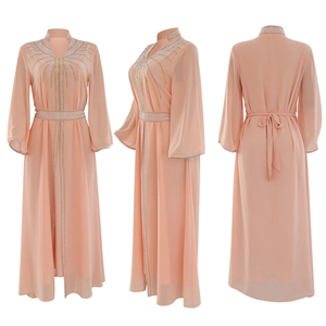 Elegant peach chiffon kaftan with intricate sequin detailing and matching waist belt
