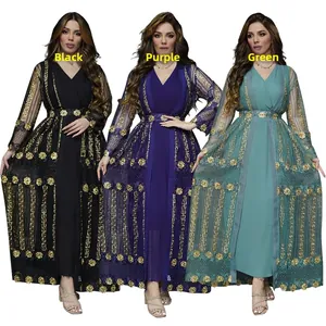 Detaillierte Stickerei auf Mesh-Kaftan-Sets mit goldenen Blumenmustern und Chiffonkleidern
