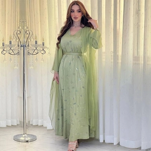 Detail of light green V-neck dress with silver sequins and matching translucent shawl