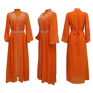 Three-view layout of orange kaftan with sparkling rhinestone patterns and Chiffon fabric
