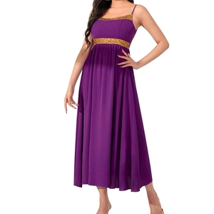 Elegante abito lungo viola da donna con paillettes dorate e spalline sottili