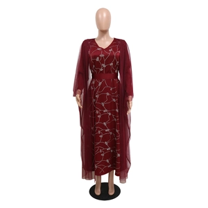 Detail view of the deep wine red mesh dress with white floral vine patterns and V-neckline