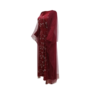 Detail view of burgundy V-neck rhinestone dress with matching mesh robe overlay